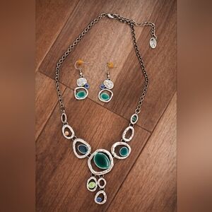 Tropic Art Silver Necklace And Earrings Set with Green and Blue Accents